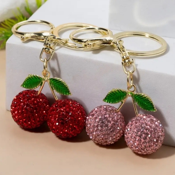 Red,White,Pink Cherry Keychain/charm with Gold And Plant Accents(You Choose 1) - Picture 2 of 6